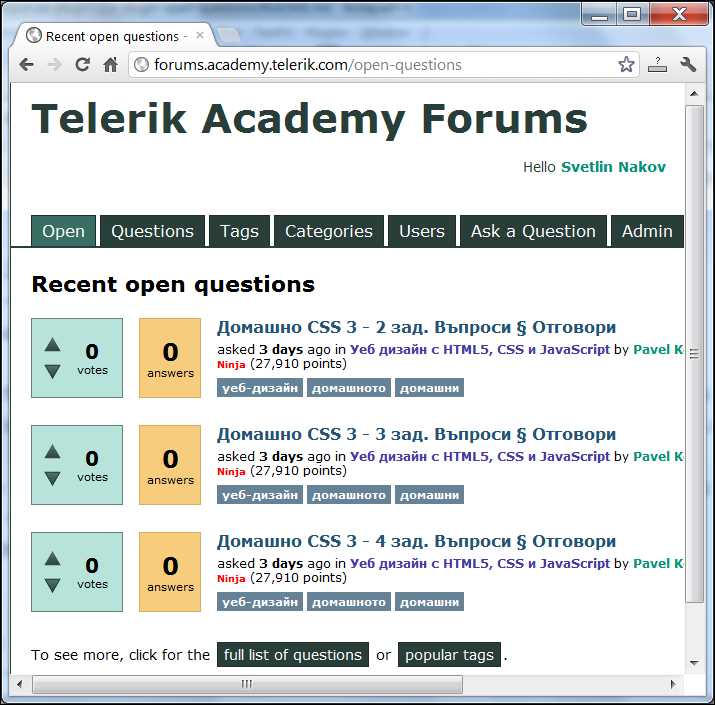 Q2A plugin "Open Questions" by Svetlin Nakov - Screenshot